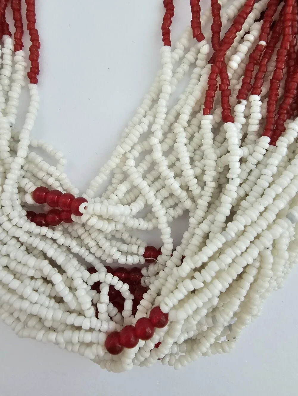 Vintage Naga Style Multi Strand Glass Seed Bead Necklace Red White Tribal